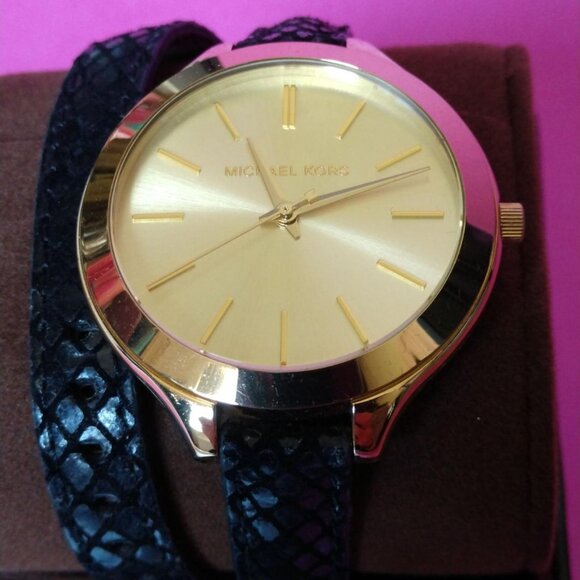 Leather Gold Black Michael Kors Womens Bracelet Cuff Wrap Around Wrist Watch - Picture 5 of 9